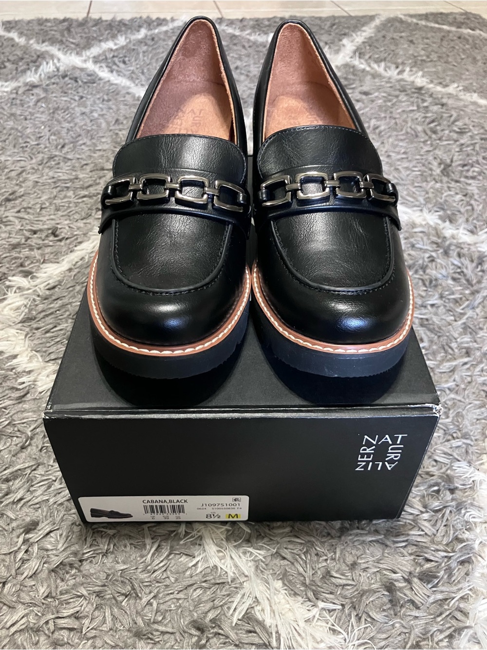 Naturalizer Black Leather Loafers with Chain Accent